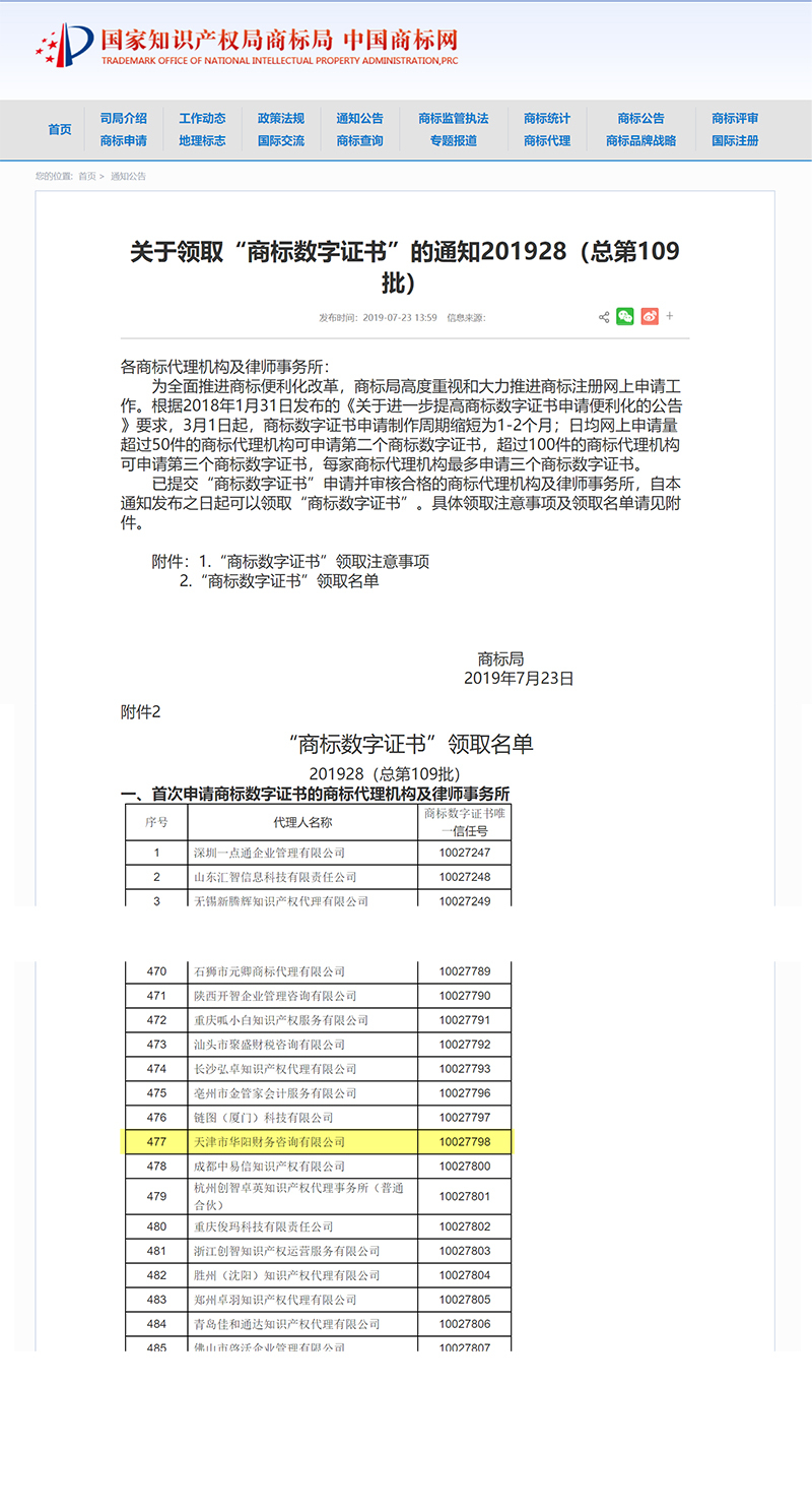 华阳咨询取得商标申请代理数字申报证书